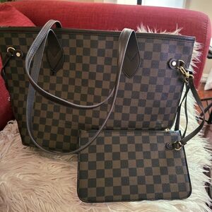Brown and Black Checkered Tote with Matching Pouch